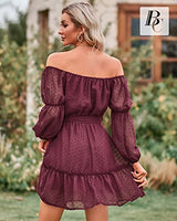 BebreezChic Kleid Damen Elegant Langarm Off Shoulder Einfarbig Swiss Dot Luftig Sommerkleid Minikleider Partykleid Strandkleid mit Gürtel, Burgundy XL