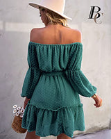 BebreezChic Kleid Damen Elegant Langarm Off Shoulder Einfarbig Swiss Dot Luftig Sommerkleid Minikleider Partykleid Strandkleid mit Gürtel, Grün XL