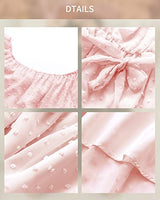 BebreezChic Kleid Damen Elegant Langarm Off Shoulder Einfarbig Swiss Dot Luftig Sommerkleid Minikleider Partykleid Strandkleid mit Gürtel, Hellrosa XL