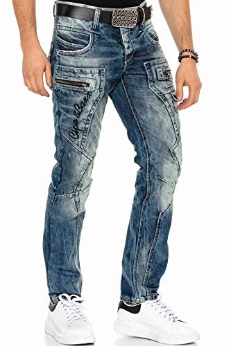 Cipo & Baxx Herren Jeans Doppelter Bund Regular Fit Vintage Hose Denim Straight Fit Jeanshose C-1148 W31 L34 Blau