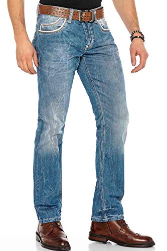 Cipo & Baxx Herren Jeans Hose Dicke Naht Modern Denim Slim Fit Jeans Regular-Fit Straight Hose C-0595 W28 L32 Blau