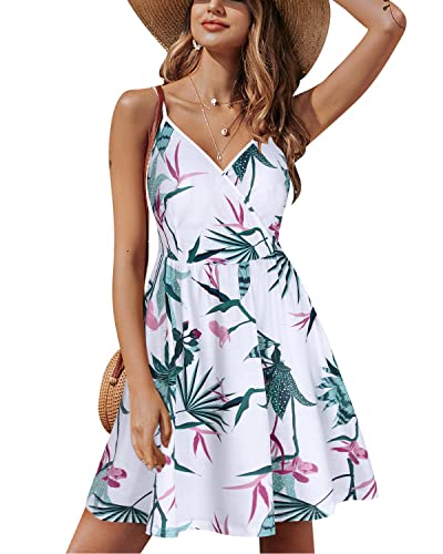 STYLEWORD Sommerkleid Damen Knielang V-Ausschnitt A Linie Kleider Sommer Freizeitkleid Strandkleid mit Taschen