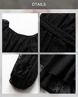 BebreezChic Kleid Damen Elegant Langarm Off Shoulder Einfarbig Swiss Dot Luftig Sommerkleid Minikleider Partykleid Strandkleid mit Gürtel, Schwarz XL