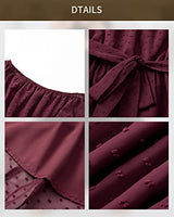 BebreezChic Kleid Damen Elegant Langarm Off Shoulder Einfarbig Swiss Dot Luftig Sommerkleid Minikleider Partykleid Strandkleid mit Gürtel, Burgundy XL