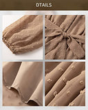 BebreezChic Kleid Damen Elegant Langarm Off Shoulder Einfarbig Swiss Dot Luftig Sommerkleid Minikleider Partykleid Strandkleid mit Gürtel, Khaki XL