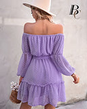 BebreezChic Kleid Damen Elegant Langarm Off Shoulder Einfarbig Swiss Dot Luftig Sommerkleid Minikleider Partykleid Strandkleid mit Gürtel, Violett XL