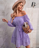 BebreezChic Kleid Damen Elegant Langarm Off Shoulder Einfarbig Swiss Dot Luftig Sommerkleid Minikleider Partykleid Strandkleid mit Gürtel, Violett XL