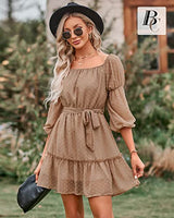 BebreezChic Kleid Damen Elegant Langarm Off Shoulder Einfarbig Swiss Dot Luftig Sommerkleid Minikleider Partykleid Strandkleid mit Gürtel, Khaki XL