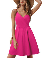 STYLEWORD Sommerkleid Damen Knielang V-Ausschnitt A Linie Rose Kleider Sommer Strandkleid Freizeitkleid mit Taschen