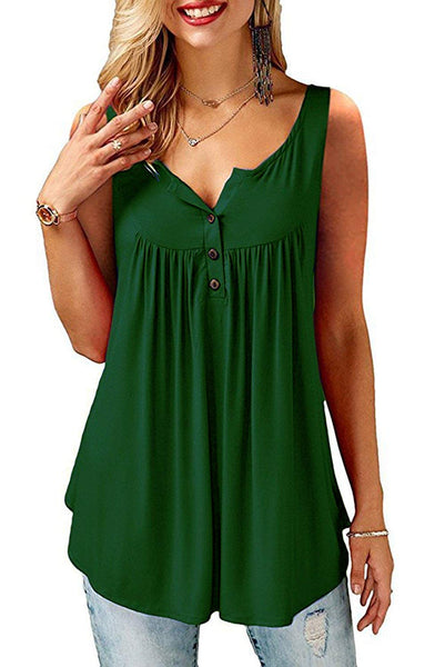 Amoretu T-Shirt Damen Sexy Oberteil für Frauen Tops Sommer Ärmellos V-Ausschnitt mit Knopfleiste Grün L