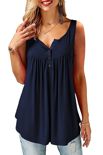 Amoretu T-Shirt Damen V-Ausschnitt Knopfleiste Bluse Solide Tunika Sommer Tops, L, C-marineblau