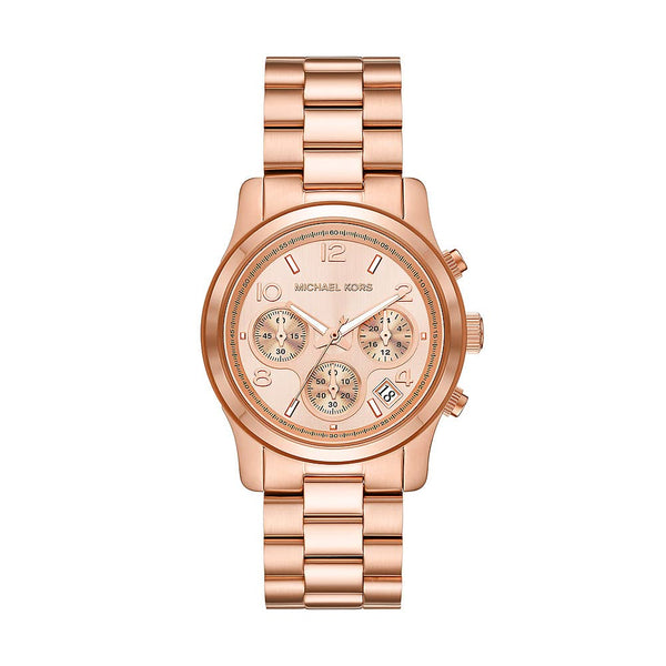 Michael Kors Damen Quartz-Multifunktion Armbanduhr, 38.00mm GehäusegröÃŸe mit rosa analog Zifferblatt und Rosegold Metallarmband Armband MK7324