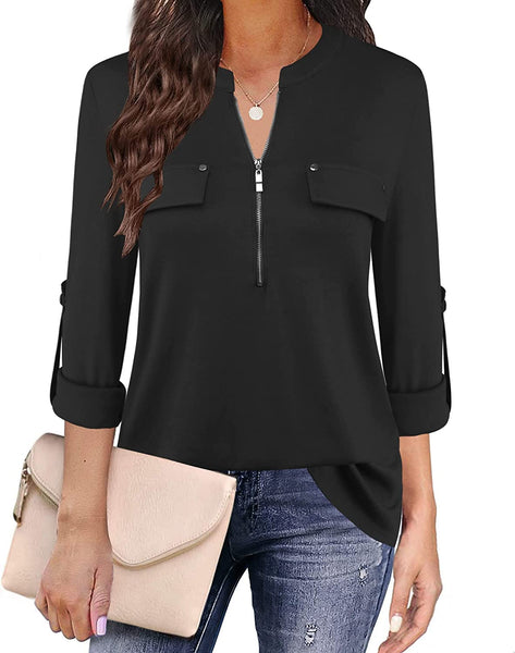 Siddhe Damen Einfarbig V-Ausschnitt Bluse Reißverschluss T-Shirt Oberteile Elegant 3/4 Ärmel Casual Longshirt, Schwarz S