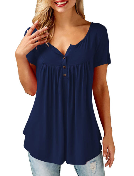 Amoretu T-Shirt Damen V-Ausschnitt Knopfleiste Bluse Solide Tunika Sommer Tops, L, A - Short Sleeve - Navy Blue