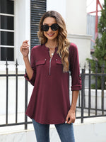 Siddhe Damen Einfarbig V-Ausschnitt Bluse Reißverschluss T-Shirt Oberteile Elegant 3/4 Ärmel Casual Longshirt, Wein S