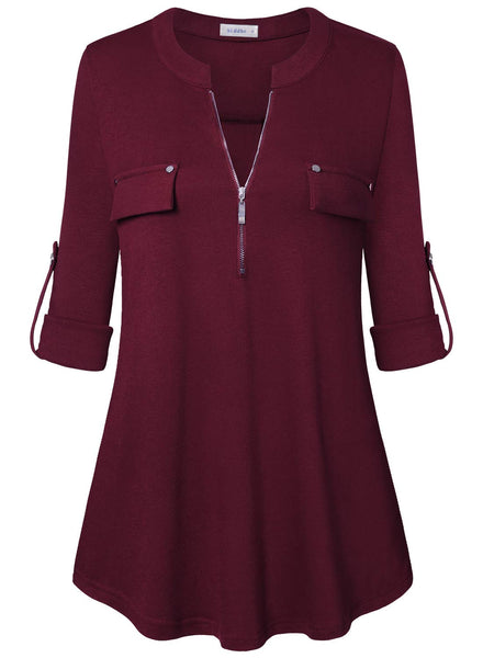 Siddhe Damen Einfarbig V-Ausschnitt Bluse Reißverschluss T-Shirt Oberteile Elegant 3/4 Ärmel Casual Longshirt, Wein S