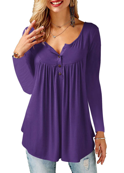 Amoretu Damen Basic V-Ausschnitt Langarm T-Shirt Tunika Bluse Top Violett L