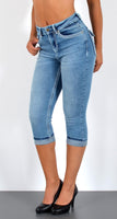 ESRA Damen Capri Hose Damen High Waist Caprihose Damen Dicke Naht Kurze Jeans Hose hoher Bund bis Übergröße J563