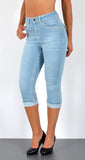 ESRA Damen Capri Hose Damen High Waist Caprihose Damen Dicke Naht Kurze Jeans Hose hoher Bund bis Übergröße J563