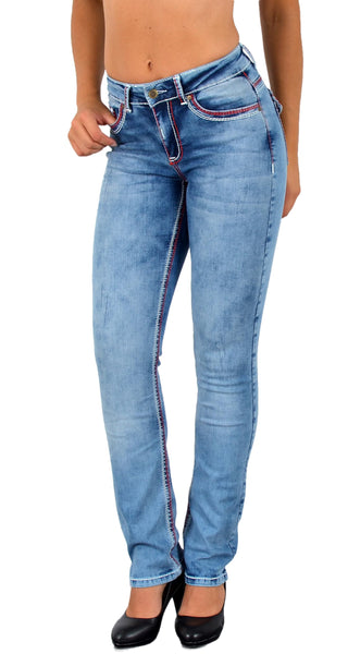 ESRA Damen Jeans Jeanshose Damen Hose Straight Leg Dicke Naht Jeanshosen Damenjeans bis große Größen J755