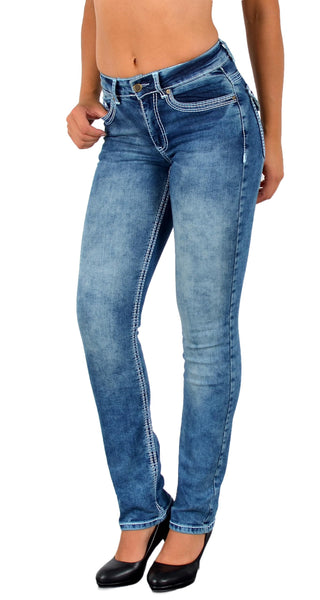 ESRA Damen Jeans Jeanshose Damen Hose Straight Leg Dicke Naht Jeanshosen Damenjeans bis große Größen J755