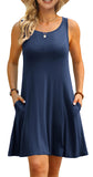 AUSELILY Sommerkleid Damen Rundhals Knielang Freizeitkleider Strand Trägerkleid mit Taschen(Navy blau,M)