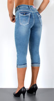 ESRA Damen Capri Hose Damen High Waist Caprihose Damen Dicke Naht Kurze Jeans Hose hoher Bund bis Übergröße J563