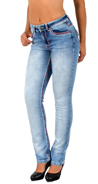 ESRA Damen Jeans Jeanshose Damen Hose Straight Leg Dicke Naht Jeanshosen Damenjeans bis große Größen J755