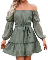 BebreezChic Kleid Damen Elegant Langarm Off Shoulder Einfarbig Swiss Dot Luftig Sommerkleid Minikleider Partykleid Strandkleid mit Gürtel, Hellgrün XL