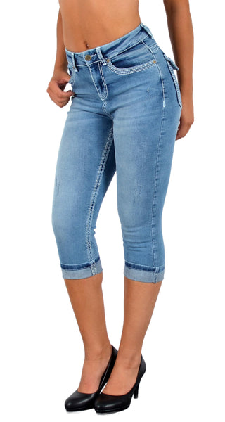 ESRA Damen Capri Hose Damen High Waist Caprihose Damen Dicke Naht Kurze Jeans Hose hoher Bund bis Übergröße J563