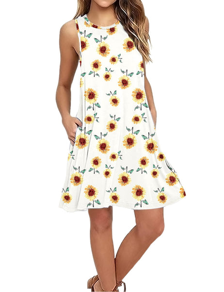 Shirt-Kleid für Damen Ärmelloses Sommer Strand Boho Blumenmuster Urlaubkleid（Kleine Sonnenblume，M）