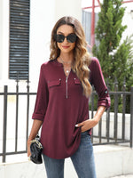 Siddhe Damen Einfarbig V-Ausschnitt Bluse Reißverschluss T-Shirt Oberteile Elegant 3/4 Ärmel Casual Longshirt, Wein S