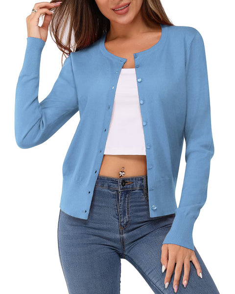 Newshows Damen Leichte Strickjacke Langarm Klassisch Rundhalsstrickjacke Casual Cardigan Strickmantel mit Knöpfen(Grau Blau 02,Groß)