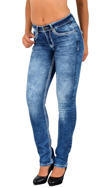 ESRA Damen Jeans Jeanshose Damen Hose Straight Leg Dicke Naht Jeanshosen Damenjeans bis große Größen J755