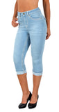 ESRA Damen Capri Hose Damen High Waist Caprihose Damen Dicke Naht Kurze Jeans Hose hoher Bund bis Übergröße J563