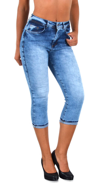 ESRA Capri Jeans Damen Sommer Damen Capri Jeans 3/4 Hose Damen Sommer Damen 3/4 Hose Sommer Kurze Jeans 3/4 Damen Caprihose High Waist Jeans Damen hoher Bund bis Übergröße J740