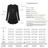 Siddhe Damen Einfarbig V-Ausschnitt Bluse Reißverschluss T-Shirt Oberteile Elegant 3/4 Ärmel Casual Longshirt, Schwarz S