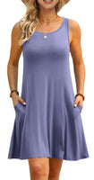 AUSELILY Sommerkleid Damen Rundhals Knielang Freizeitkleider Strand Trägerkleid mit Taschen(Violett Grau,M)