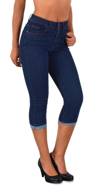 ESRA Capri Jeans Damen Sommer Damen Capri Jeans 3/4 Hose Damen Sommer Damen 3/4 Hose Sommer Kurze Jeans 3/4 Damen Caprihose High Waist Jeans Damen hoher Bund bis Übergröße J740