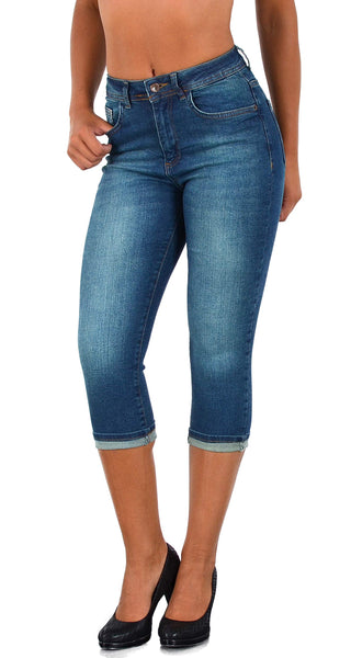 ESRA Capri Jeans Damen Sommer Damen Capri Jeans 3/4 Hose Damen Sommer Damen 3/4 Hose Sommer Kurze Jeans 3/4 Damen Caprihose High Waist Jeans Damen hoher Bund bis Übergröße J740