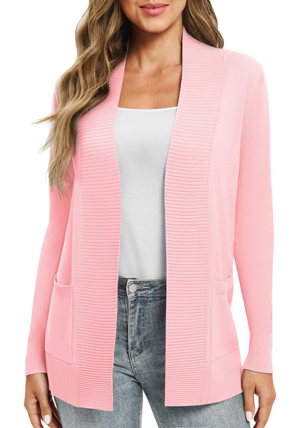 EXCHIC Damen Lange Ärmel Gestrickt Strickjacke Leicht Gemütlich Offene Vorderseite Lange Freizeitjacke mit Taschen(S, Rosa)