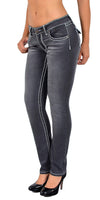 ESRA Damen Jeans Hose Jeanshosen Damen Straight Leg Dicke Naht Kontrastnaht bis Übergröße J540