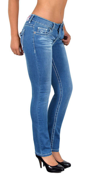 ESRA Damen Jeans Hose Jeanshosen Damen Straight Leg Dicke Naht Kontrastnaht bis Übergröße J540