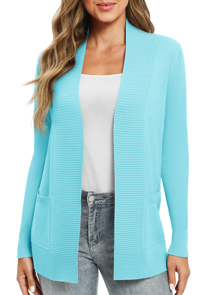 EXCHIC Damen Lange Ärmel Gestrickt Strickjacke Leicht Gemütlich Offene Vorderseite Lange Freizeitjacke mit Taschen(S, Light Blue)