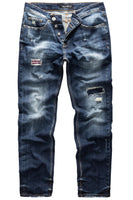 REPUBLIX Herren Jeans Regular Straight Fit Denim Hose Destroyed Dunkelblau (Patches) W36/L30