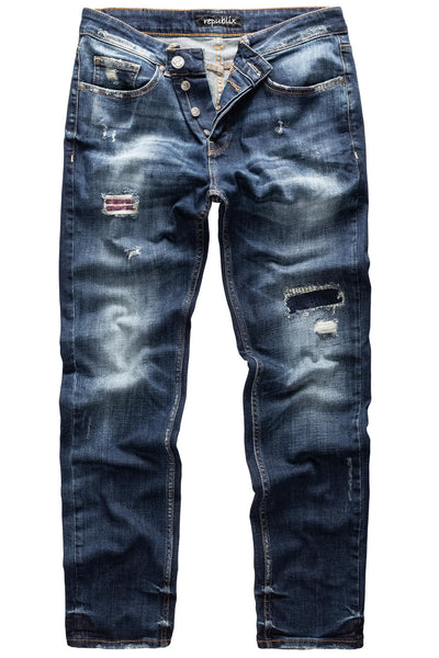 REPUBLIX Herren Jeans Regular Straight Fit Denim Hose Destroyed Dunkelblau (Patches) W36/L30