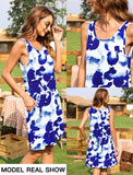 AUSELILY Kleider Damen Sommerkleid Rundhals A Linie Freizeitkleid ärmellose Loose Knielang mit Taschen Blau Weiße Blumen M