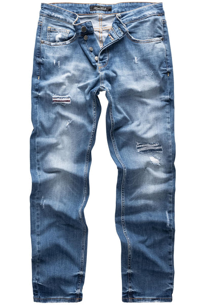 REPUBLIX Herren Jeans Regular Straight Fit Denim Hose Destroyed Hellblau (Patches) W36/L30