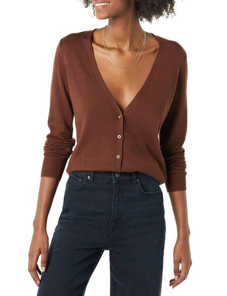 Amazon Essentials Damen Leichter Cardigan mit V-Ausschnitt (in Übergröße erhältlich), Braun, XXL