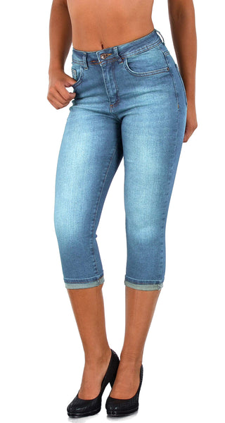 ESRA Capri Jeans Damen Sommer Damen Capri Jeans 3/4 Hose Damen Sommer Damen 3/4 Hose Sommer Kurze Jeans 3/4 Damen Caprihose High Waist Jeans Damen hoher Bund bis Übergröße J740